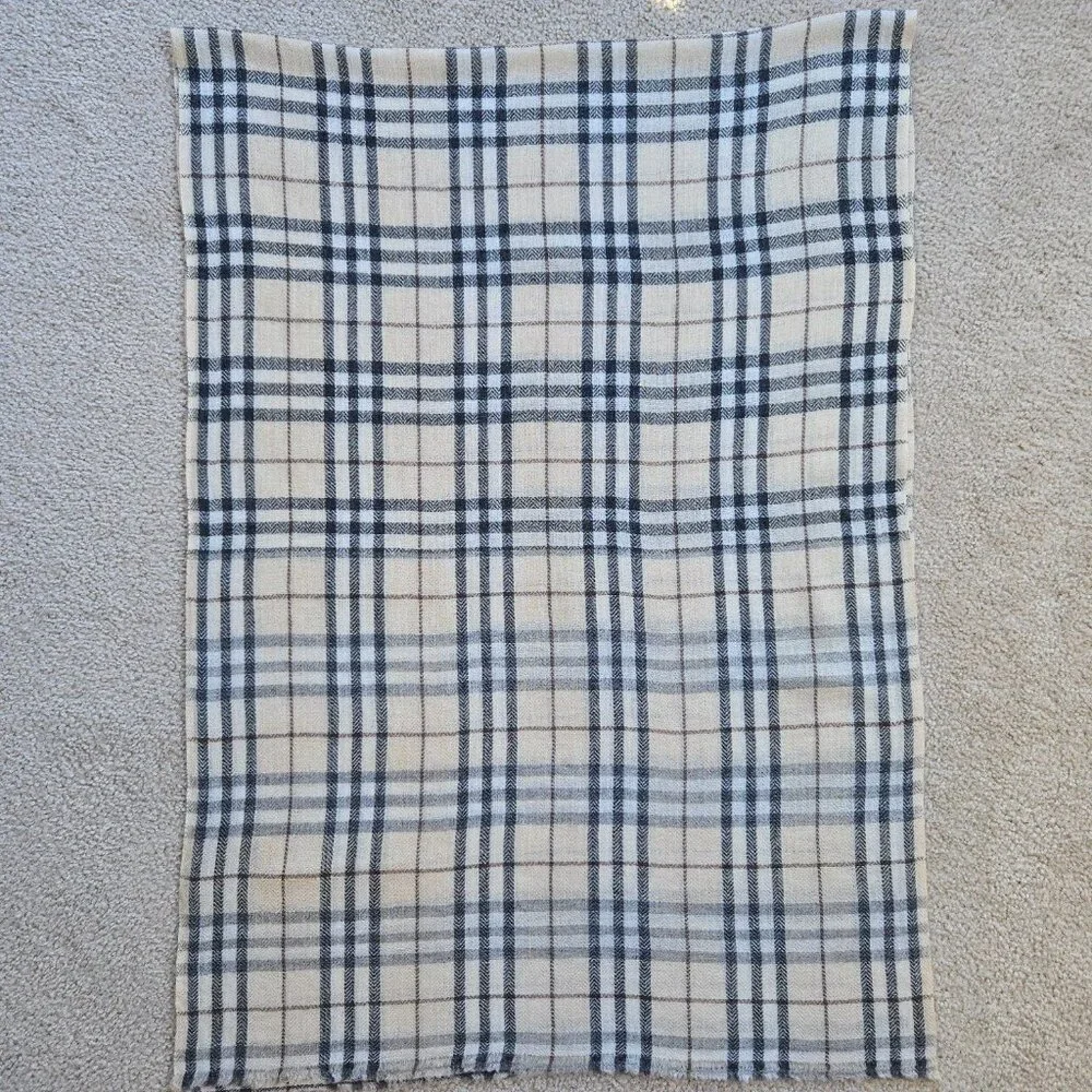 NWOT Cashmere Scarf Tan Plaid Nepal Open Weave Detail at Ends